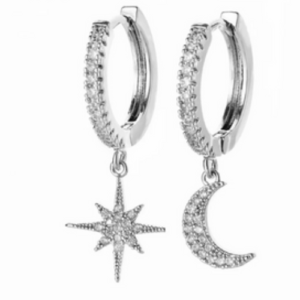 Crystal Moon Star Dangle Hoop Earrings